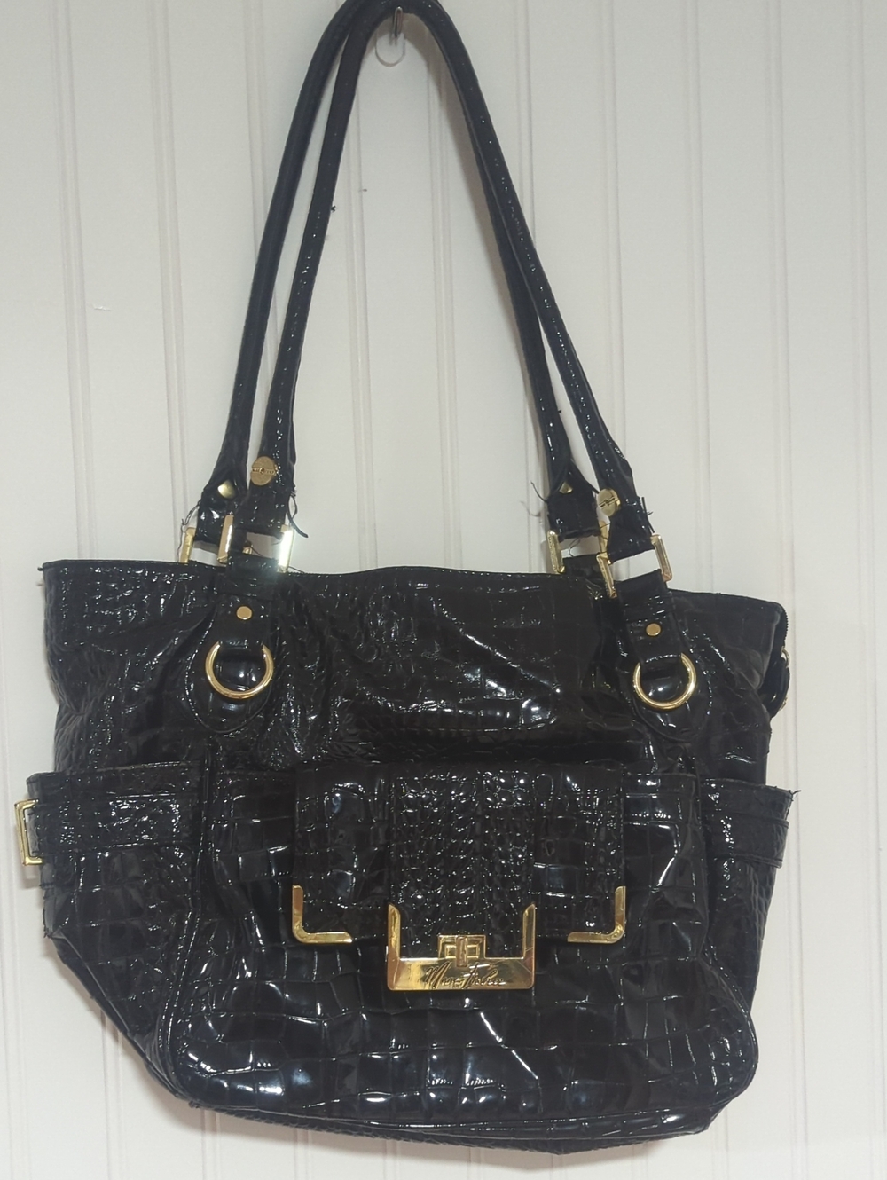 Marc Fisher Black Patent Croc-Embossed Shoulder Bag with Gold Hardware